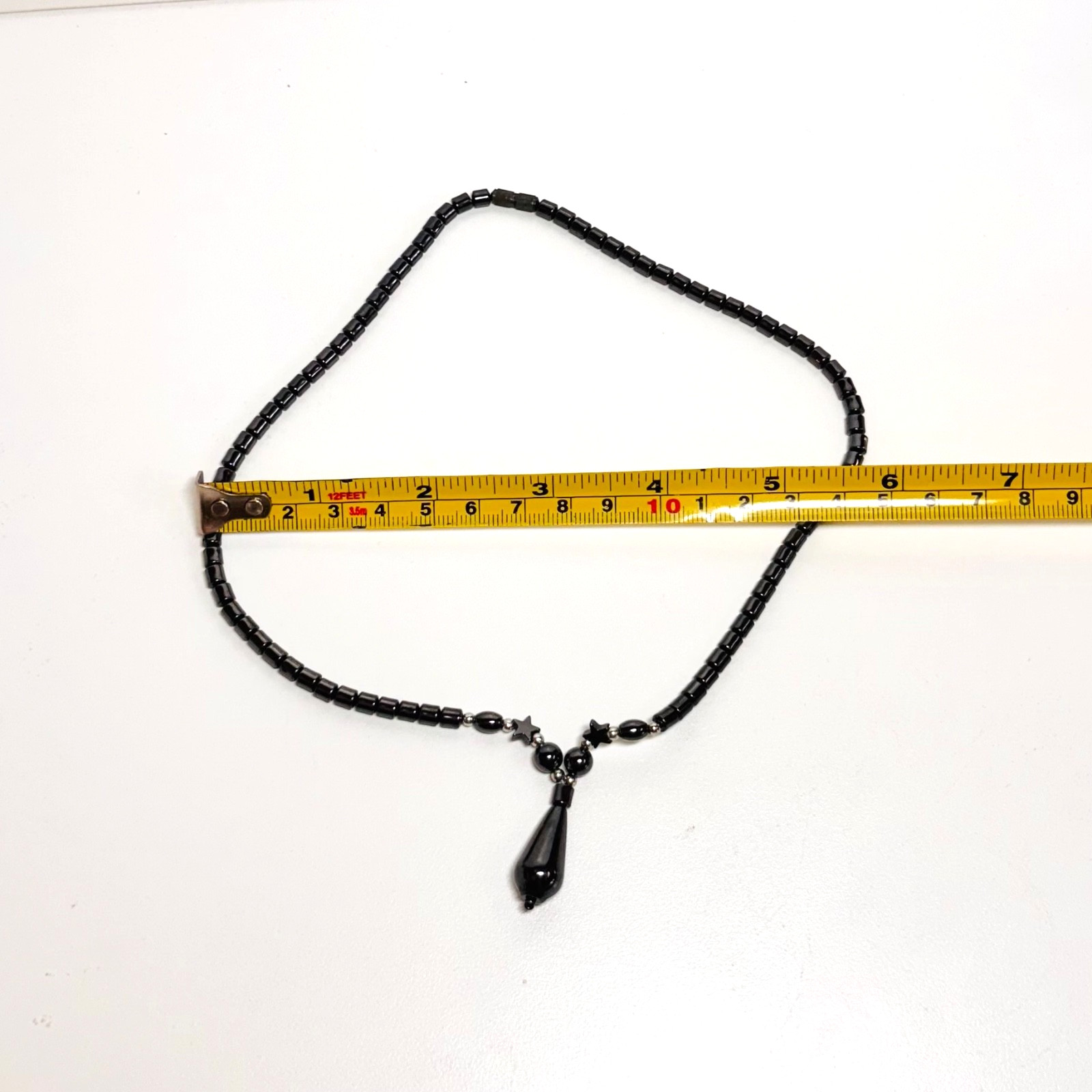 HEMATITE stone necklace teardrop pendant tube beads nylon cord barrel clasp 17″