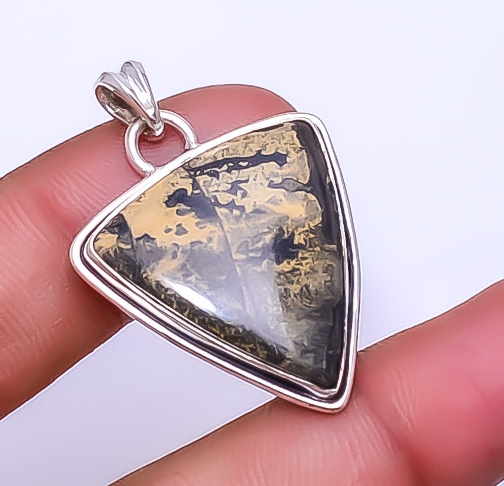 Honey Dendritic Opal – Mexico Gemstone 925 Sterling Silver Pendant 1.64″ P22