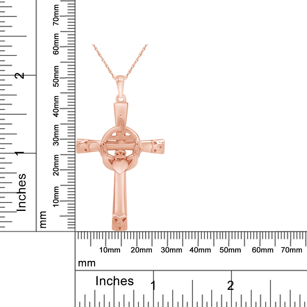 Trinity Knot Claddagh Celtic Cross Pendant Necklace 14k Rose Gold Plated Silver