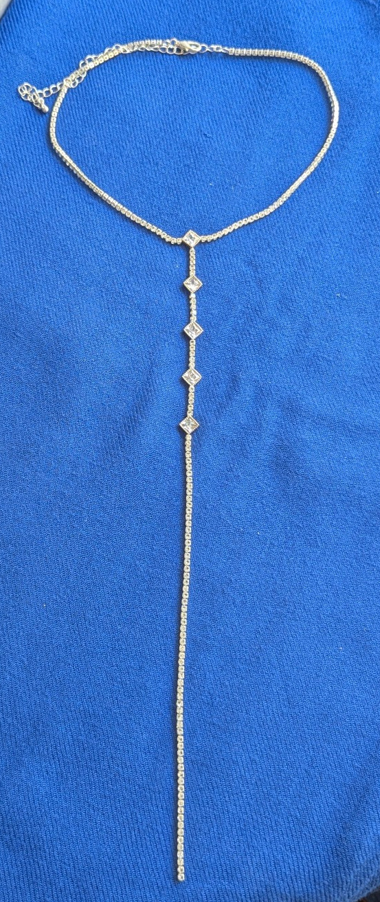 Silver Tone Lariat Y Chain Necklace Clear Crystal Box Chain Adjustable 13″ + 5″
