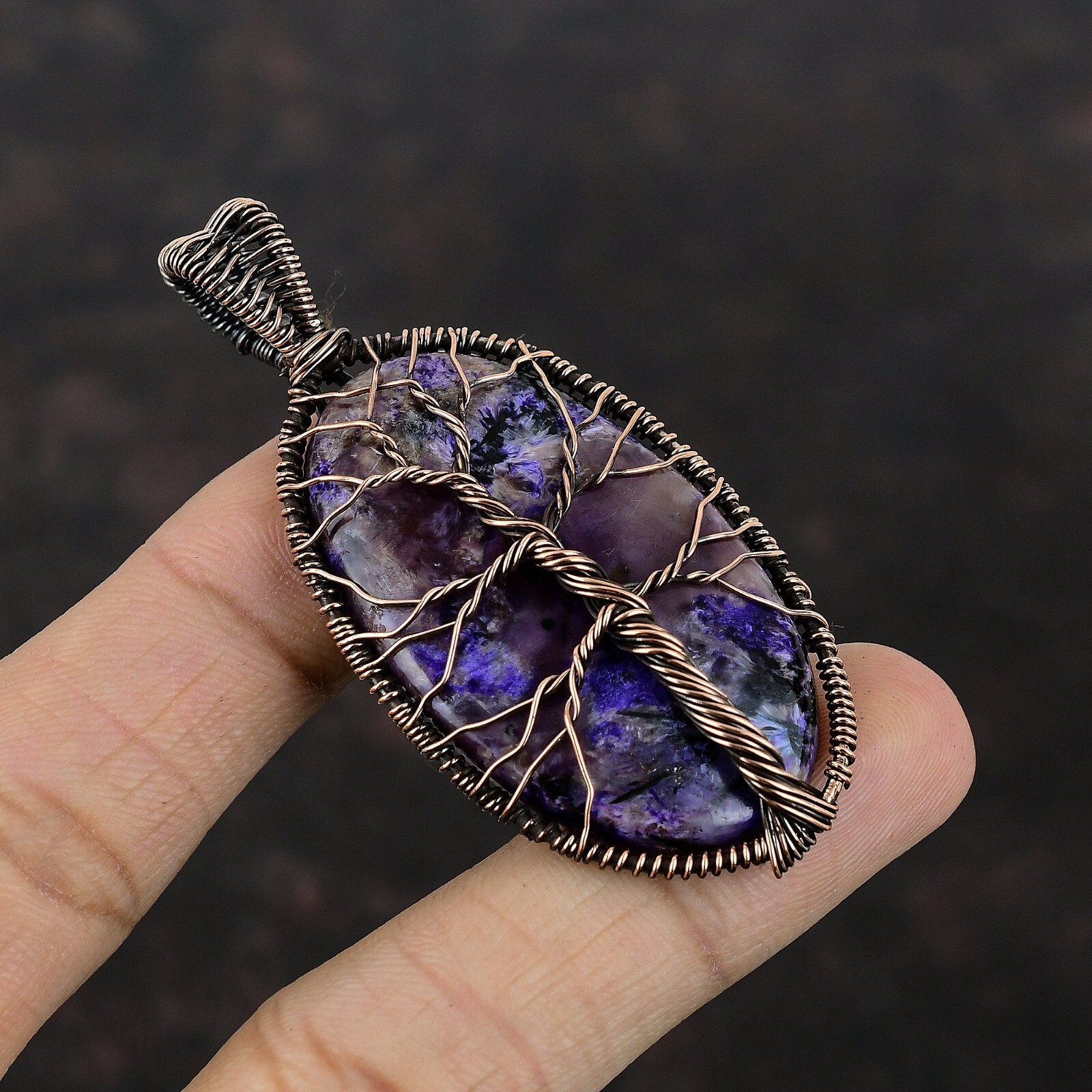 Copper Natural Russian Charoite Trendy Wire Wrapped Tree Of Life Pendant Jewelry