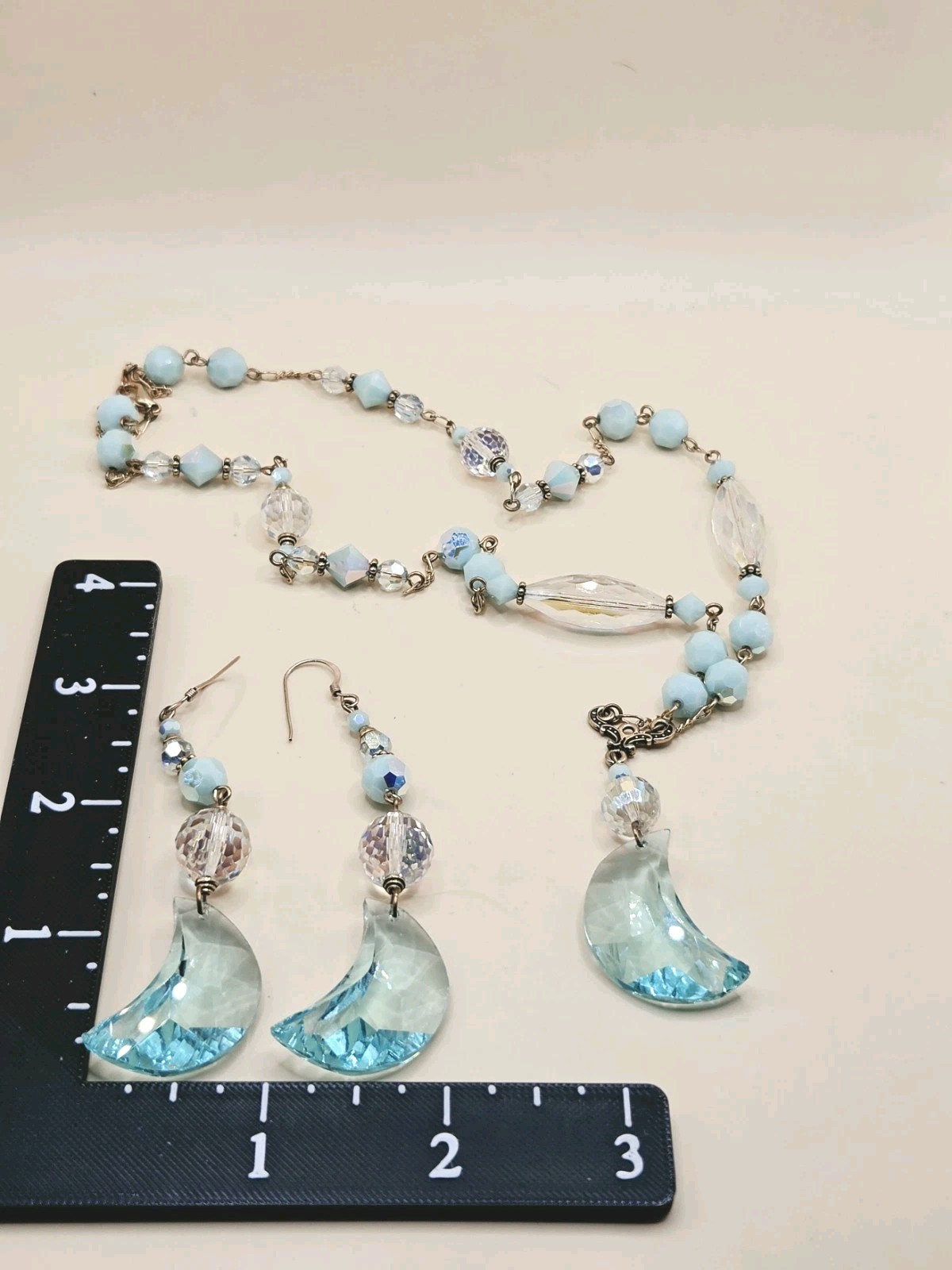 Necklace Set Glass Crystal W Match Pierced Earr Coastal Blue Moon 22″ 0094