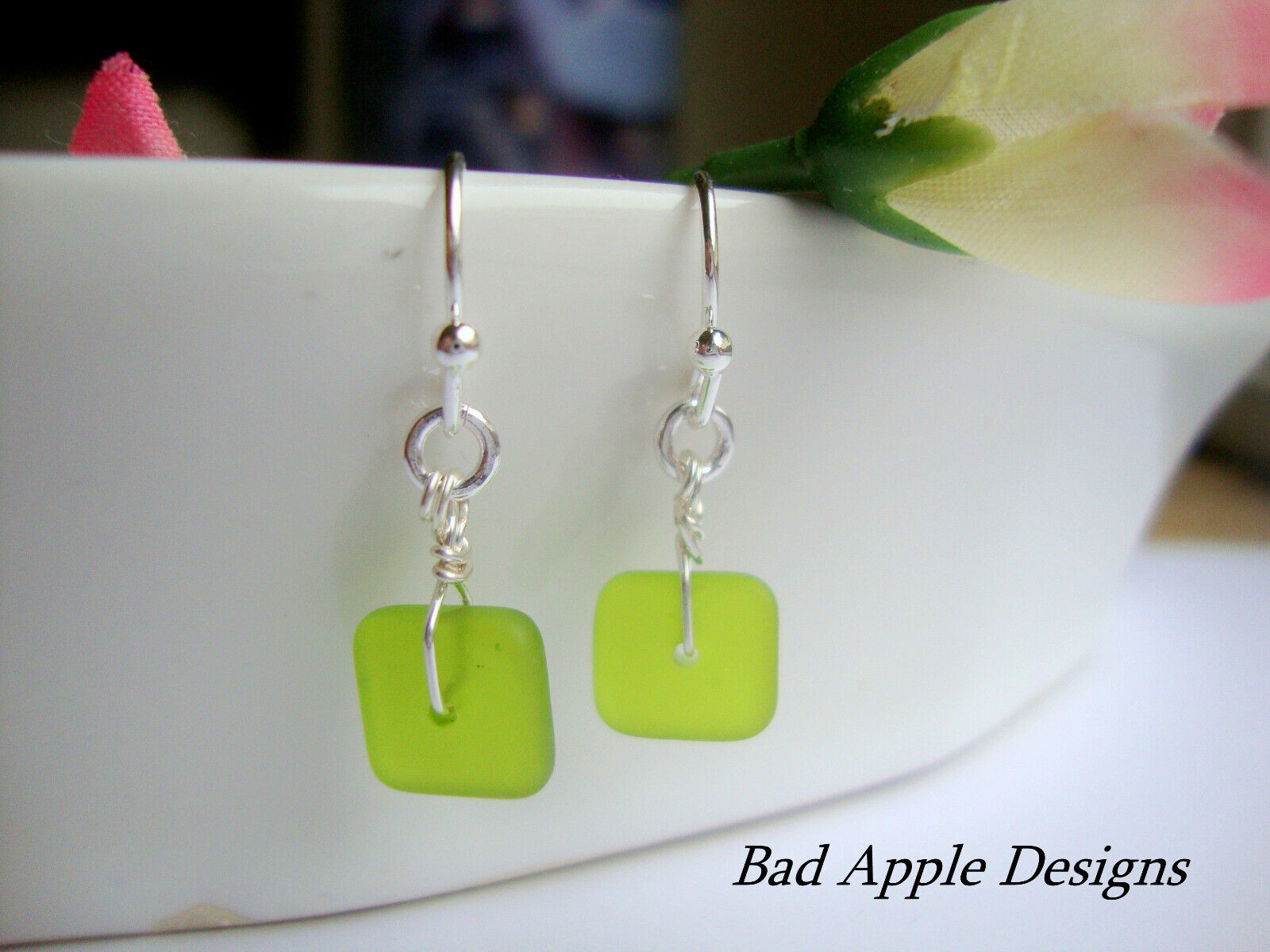 Flat, Forward-Facing, Dainty Frosted Sea GlassSilver Dangle Earrings, Minimalist