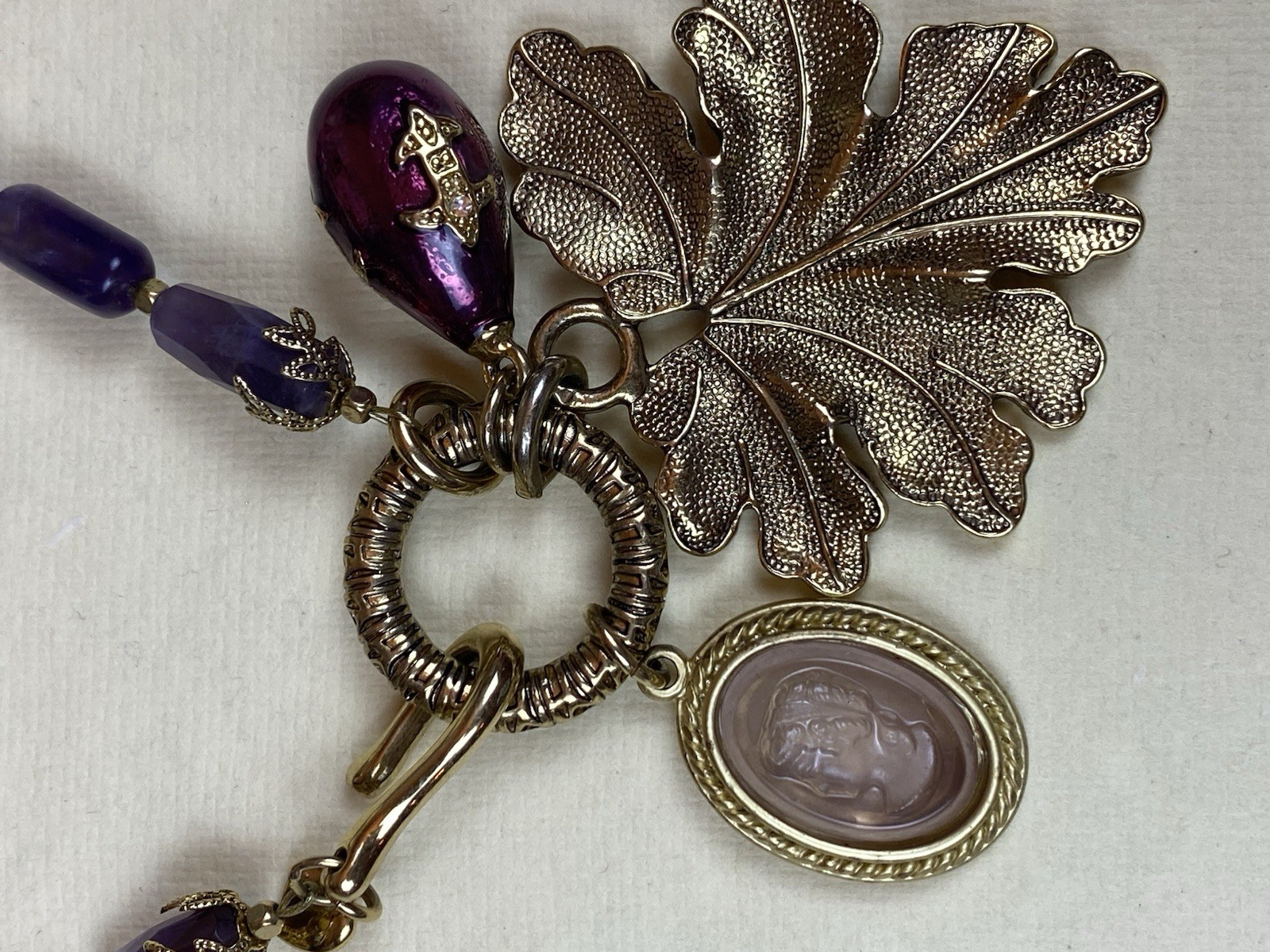 Signed Carolee Purple Beaded Charm Necklace Oak Leaf Acorn Cameo Statement