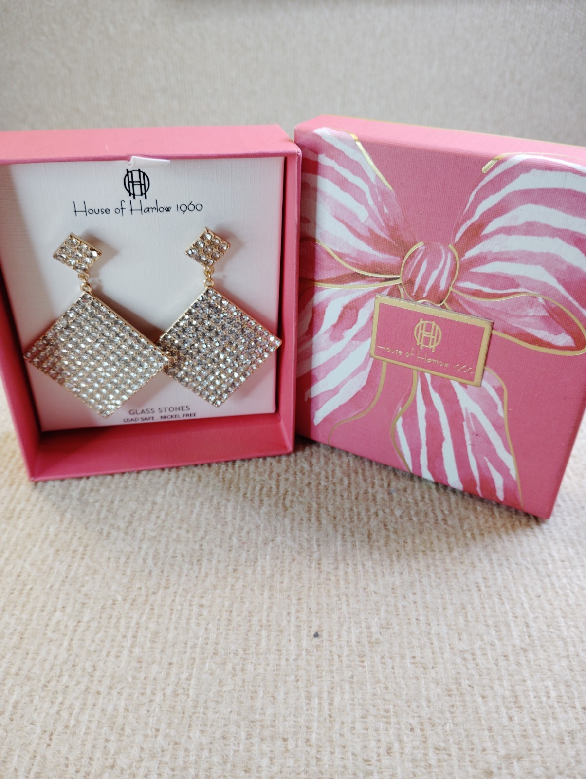 House of Harlow 1960 Glass Stone Heart Dangle Earrings Nickel-Free, Lead-Safe