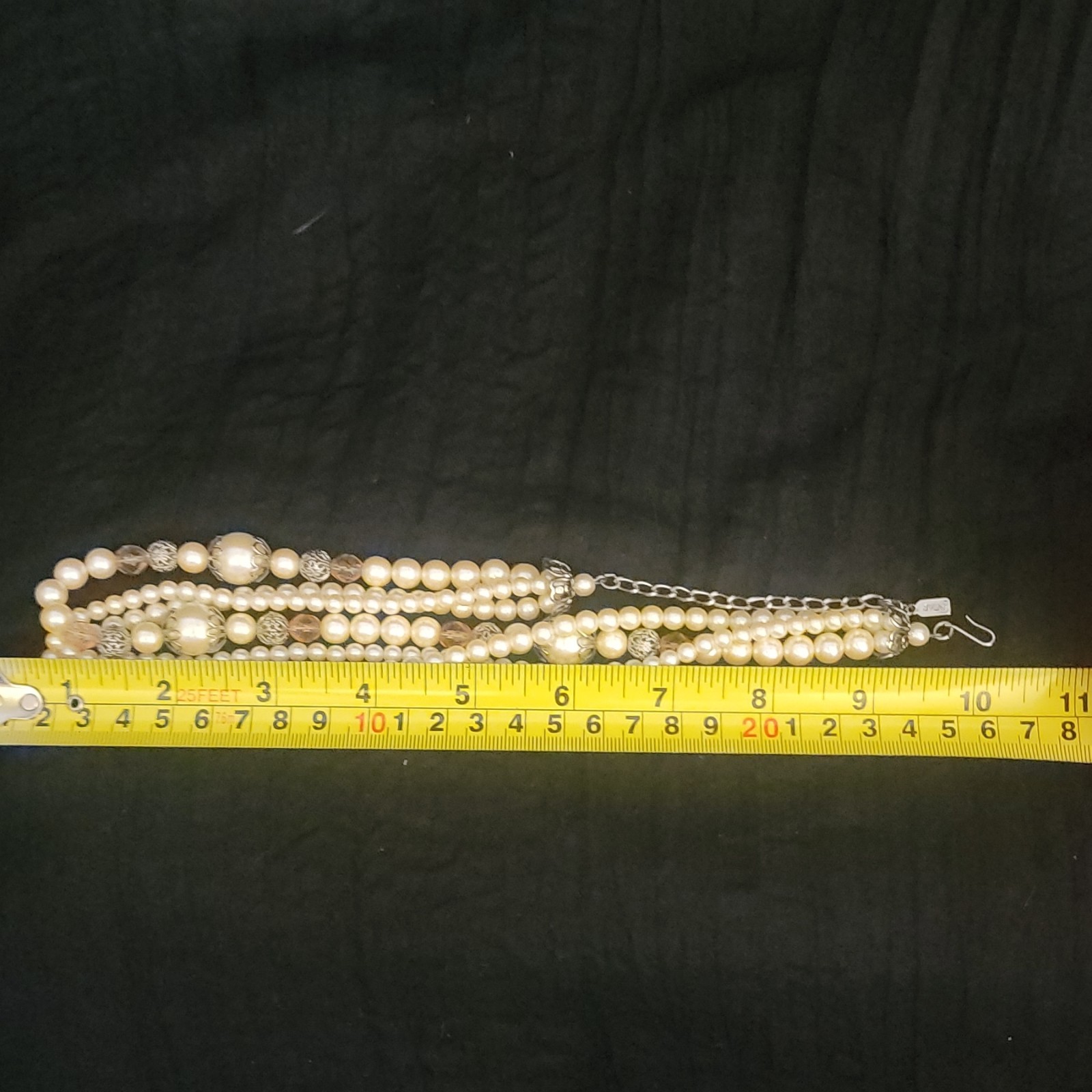 1928 Multi-Strand Ivory Simulated Pearl Beaded Necklace Crystal Silver Hook 18in