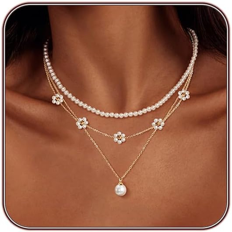 14K Gold Plated Pearl Necklace for Women Layered Dainty Choker Single Pearl D…