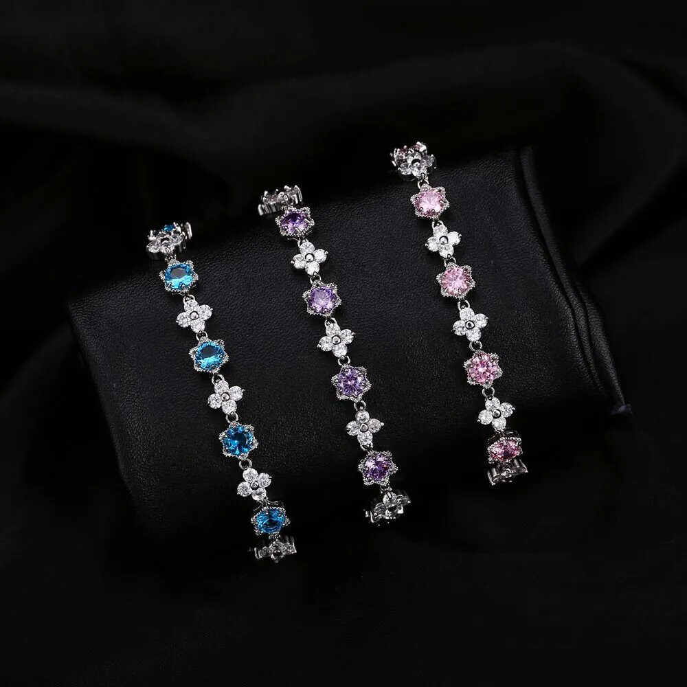 Silver Plated Cubic Zircon Green Flower Star Charm Bracelet Women Party Jewelry