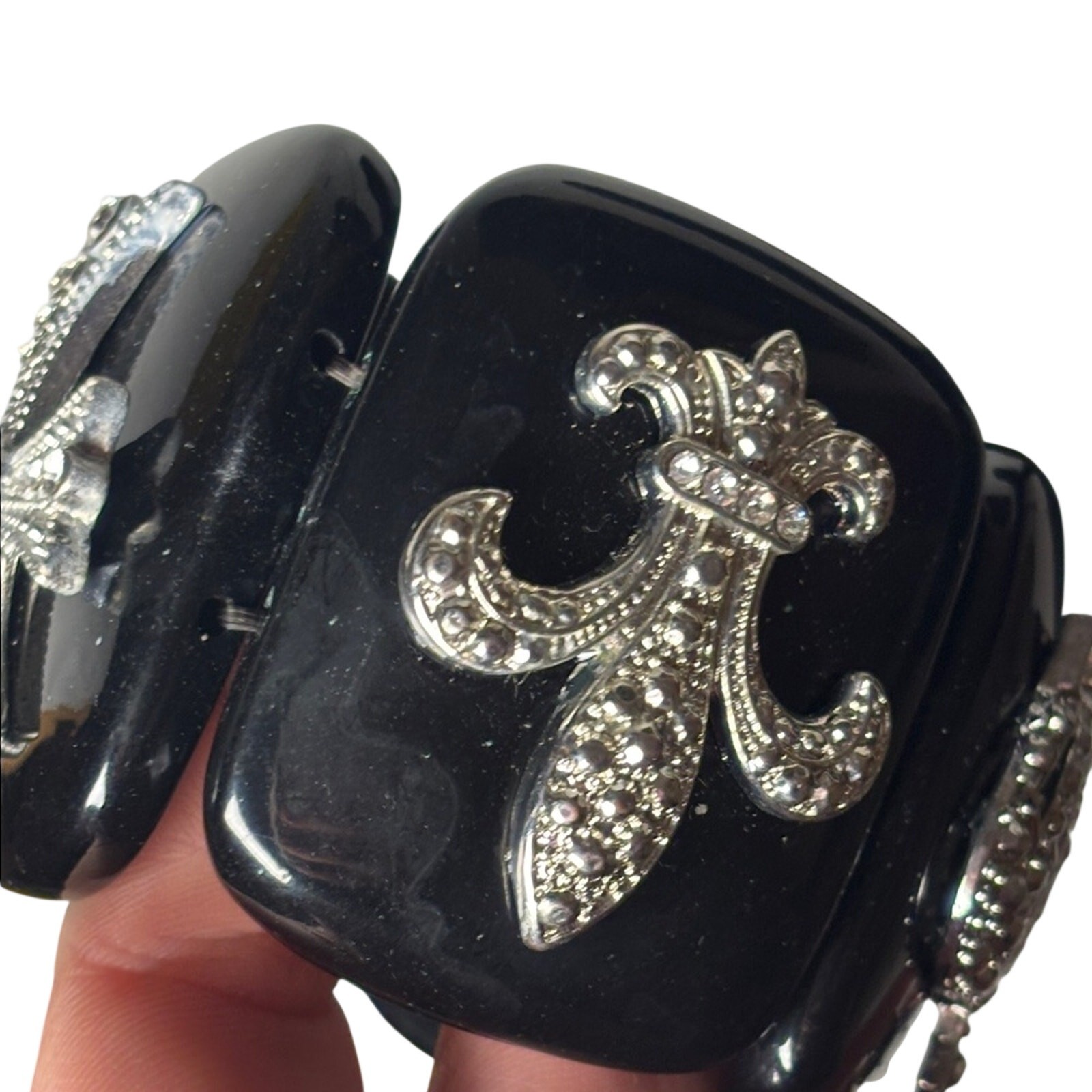 Black Acrylic Bracelet with Silver Cross and Crown Design 2.5”