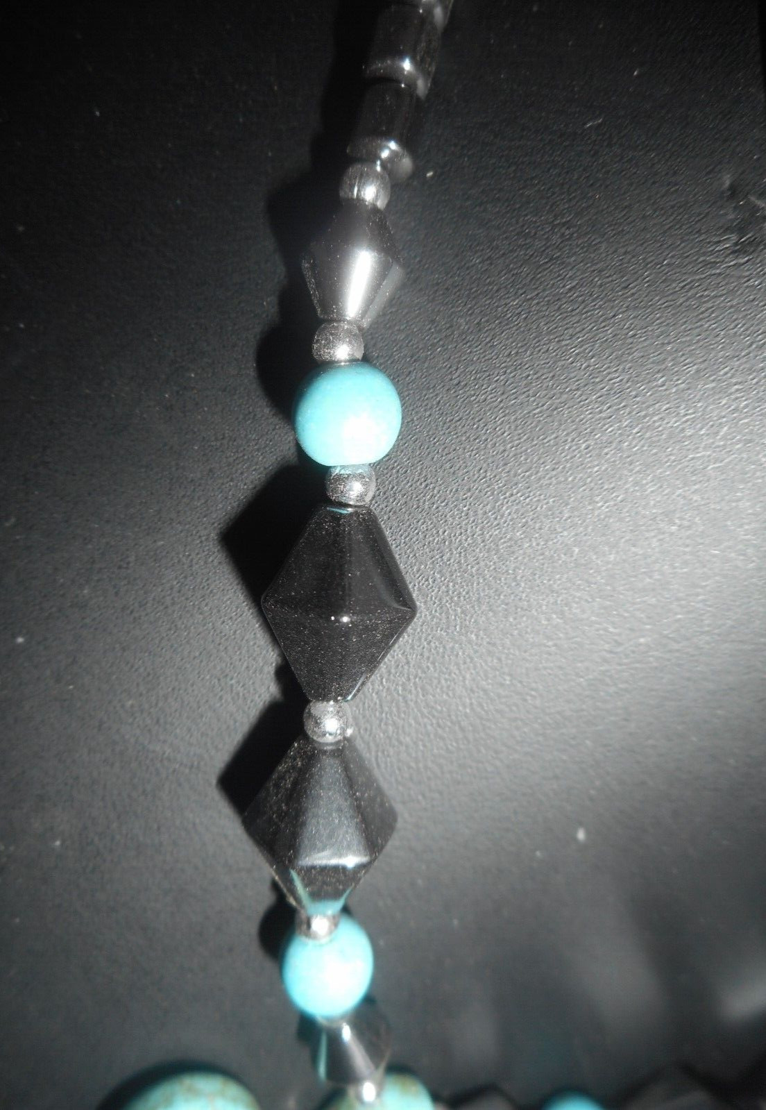 Turtle Turquoise Necklace 18″ Stone Pendant Hematite Beads Boho Nice Sea Beachy