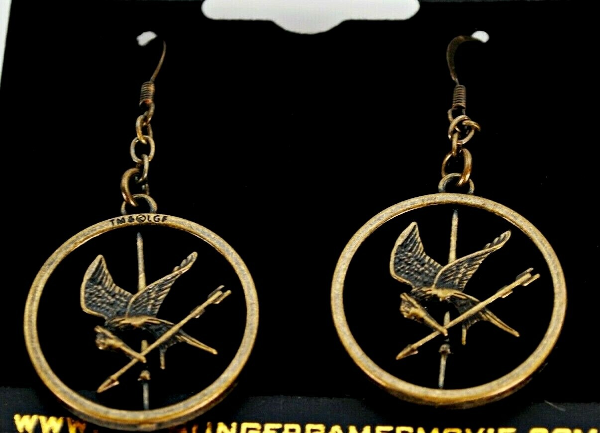 Hunger Games Earrings Mockingjay Dangle Pendant Fire Arrow Gold Brass Drop New