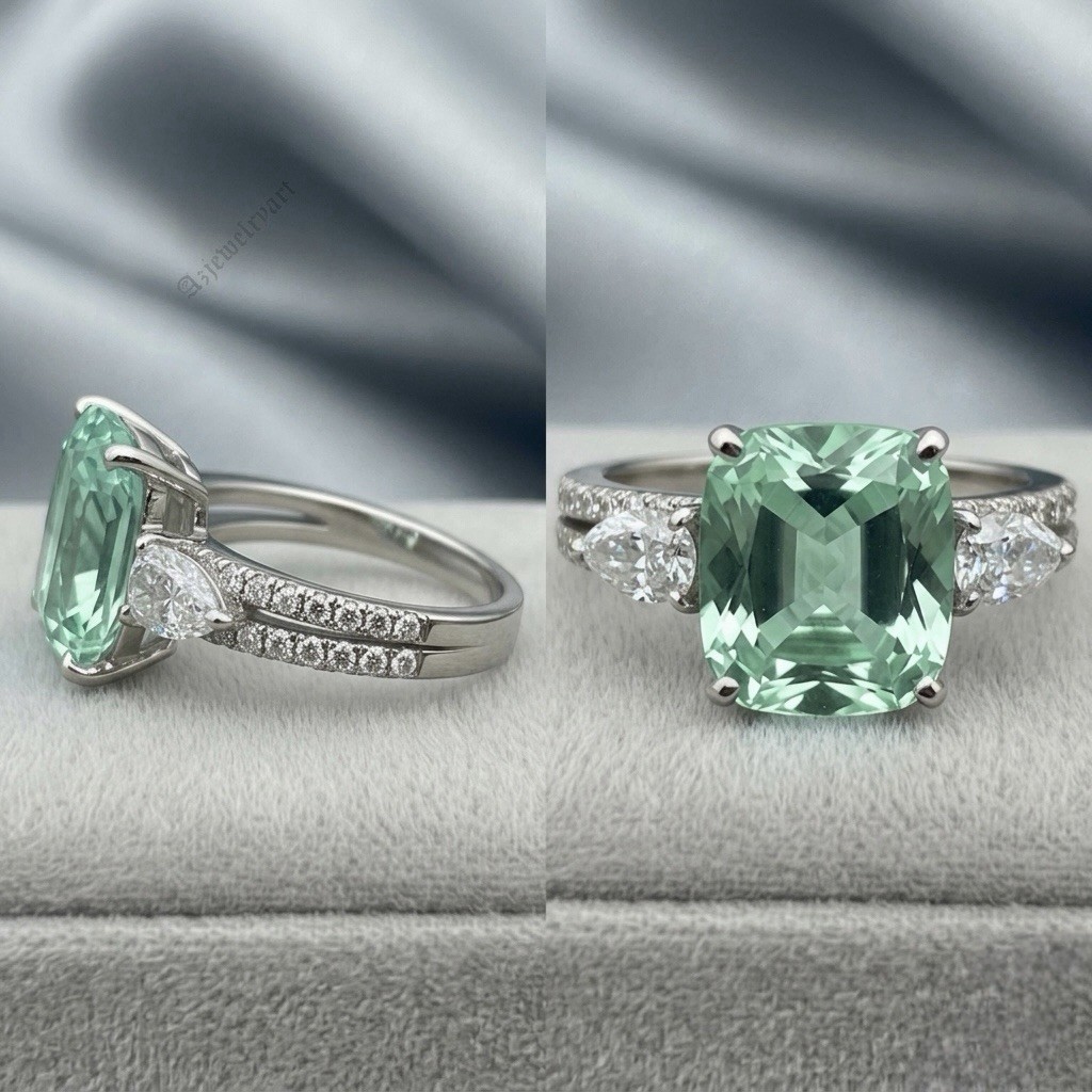 Mint Green Cushion Cut Tourmaline Ring 925 Sterling Silver Women’s Ring.