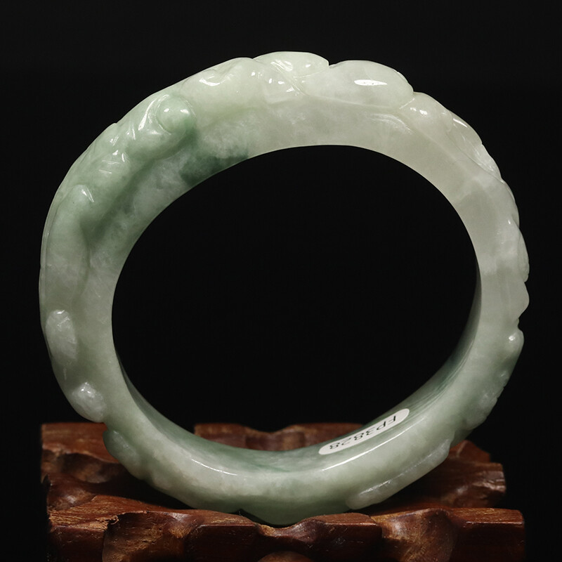 53mm White Green Jadeite Jade Bangle Bracelet Hand-carved Dragons 07709