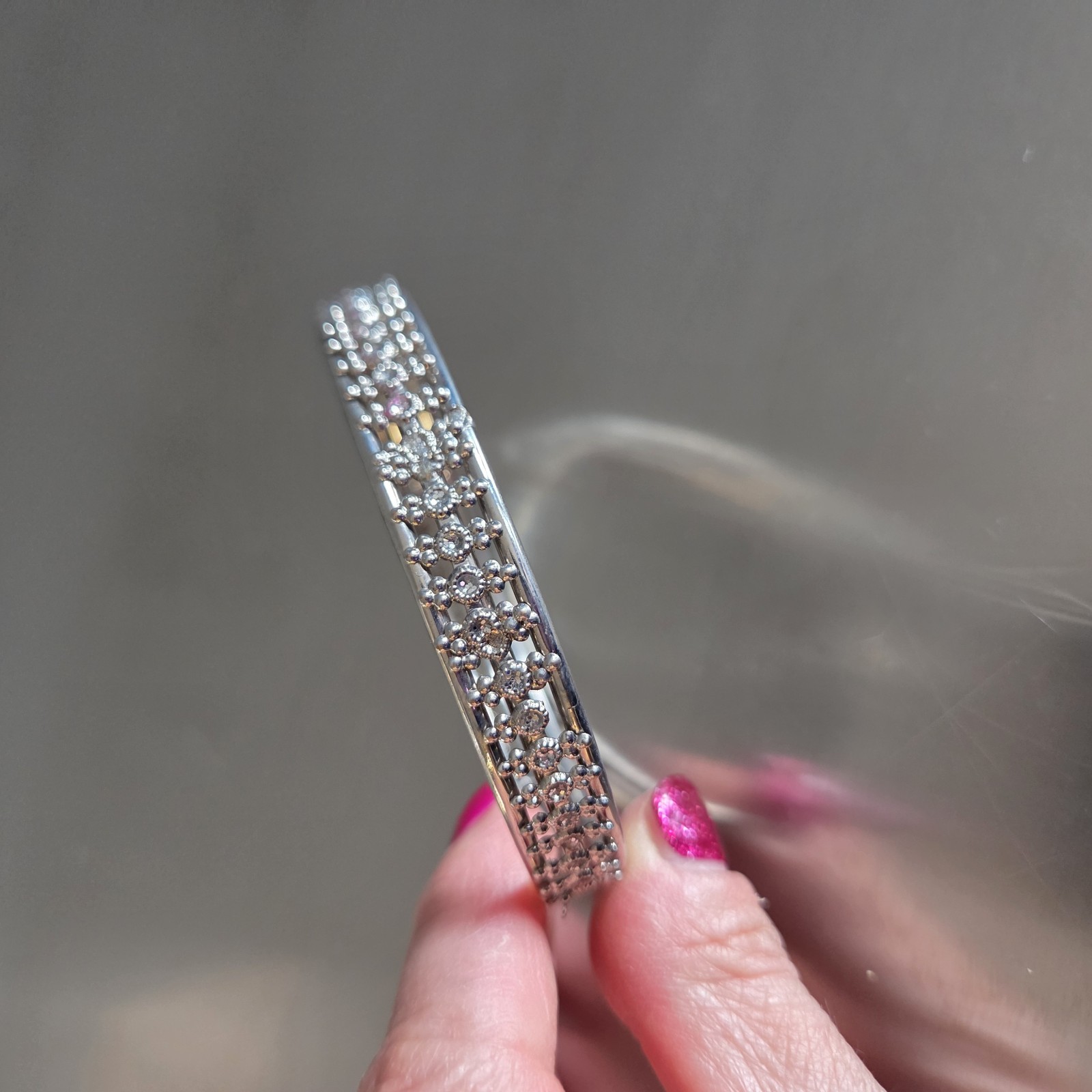 Silver Tone Round With Metal Pavé Setting Bangle Bracelet
