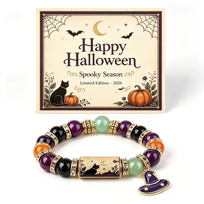 2026 Halloween Beaded Stretch Bracelet Witch Hat Cat Pumpkin Charm Gift Women