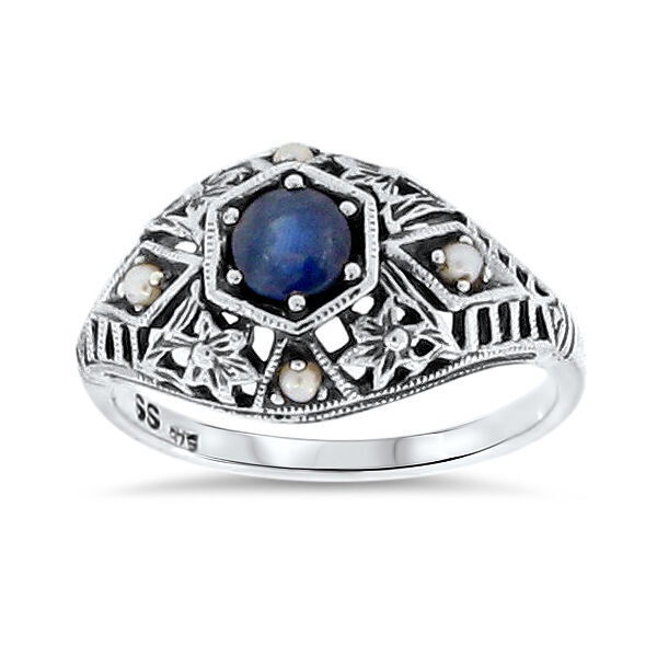 ANTIQUE STYLE GENUINE SAPPHIRE & PEARL 925 STERLING SILVER DECO DESIGN RING #069