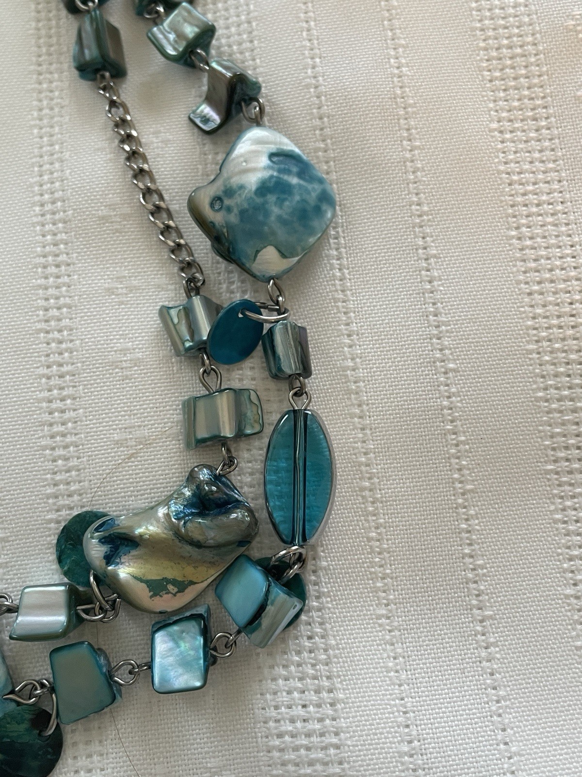 2 Iridescent Shell Bead & Metal Accent Necklaces / Pair Matching Clip Earrings
