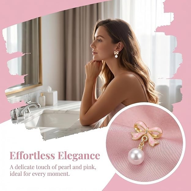 Pink Enamel Gold Bow Pearl Drop Dangle Earrings Women Elegant Ribbon Jewelry Gif