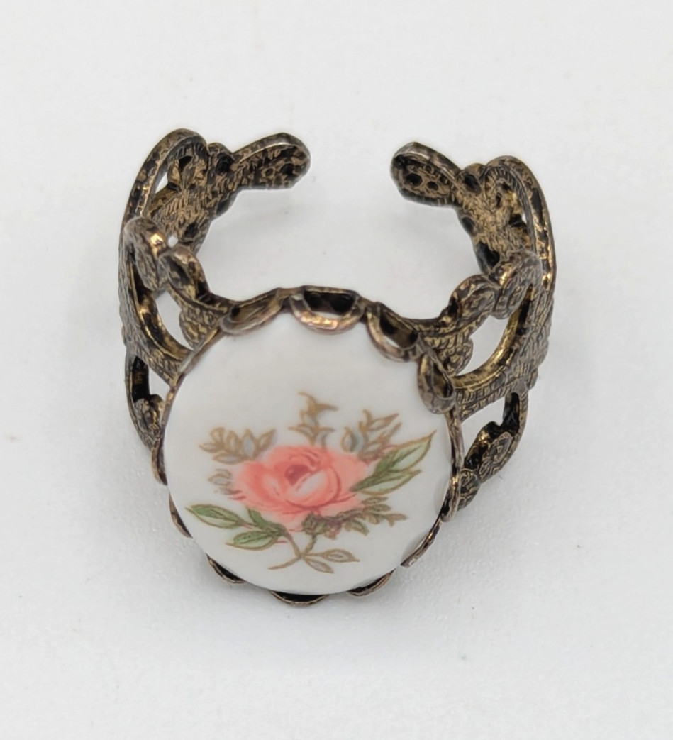 Pink Rose Filigree Ring Porcelain Antiqued Brass Romantic Shabby Chic Floral 7.5