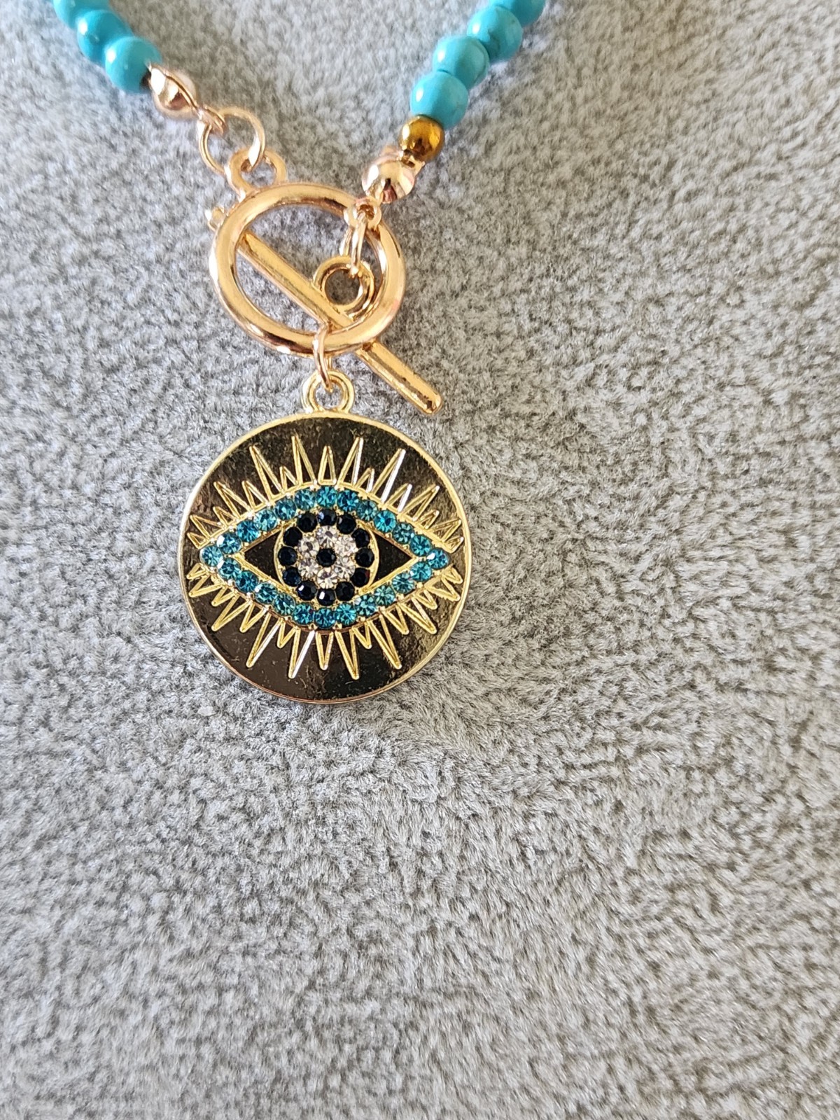 Turquoise Beaded Necklace, Gold Tone Toggle, Evil Eye Round Charm Pendant