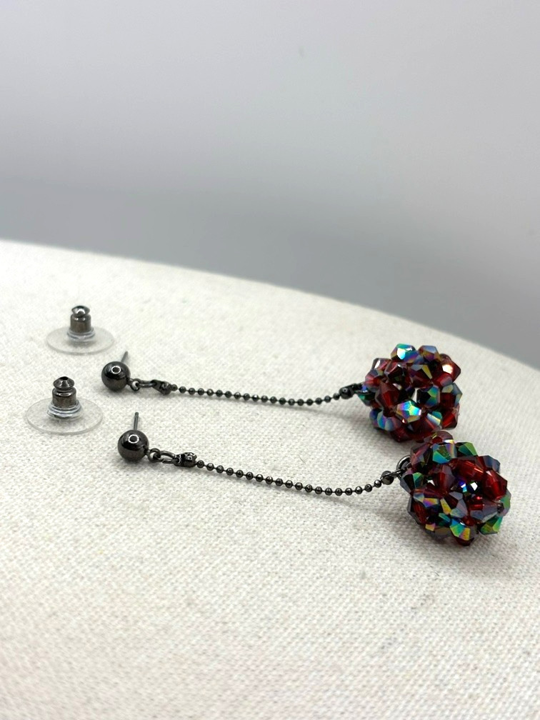 Cookie Lee Red Aurora Borealis Glass Bead Ball Drop Gunmetal Tone Earrings NWT