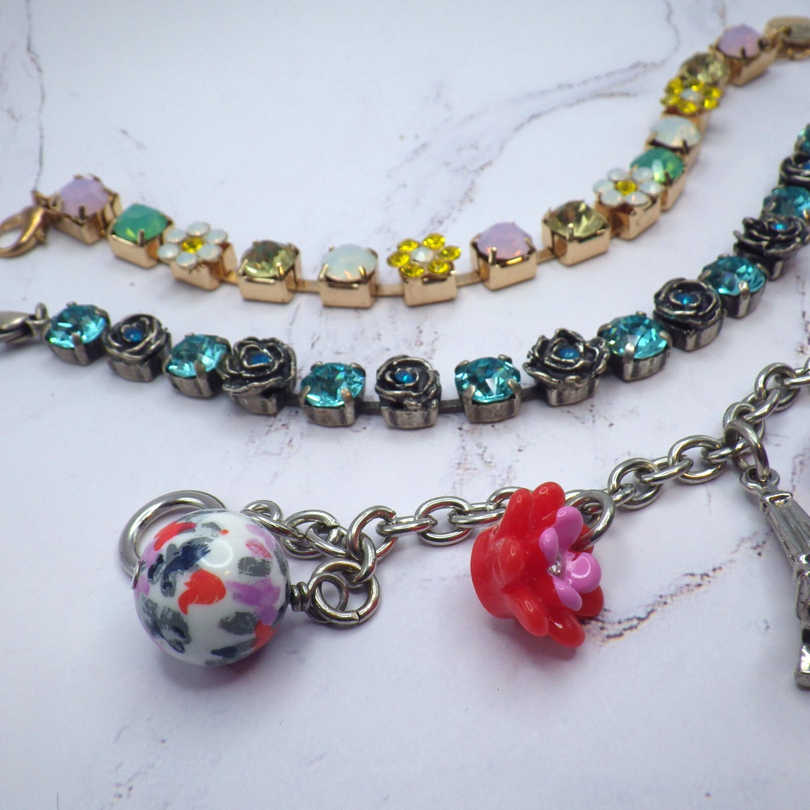 Set of 3 Bracelets Gymboree Charm Eiffel Tower Flowers Austrian Crystals Pastel