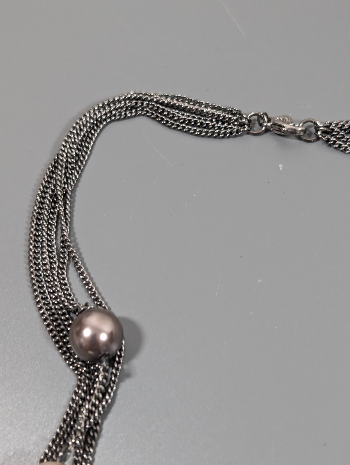 Roman Gray Faux Pearl Station Multi Chain Layered Statement Neckalce Whimsigoth