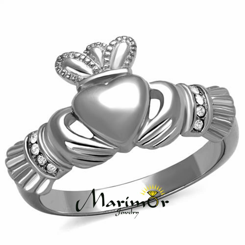 Stainless Steel Irish Claddagh Crystal Promise Fashion Ring Women’s Size 5-10