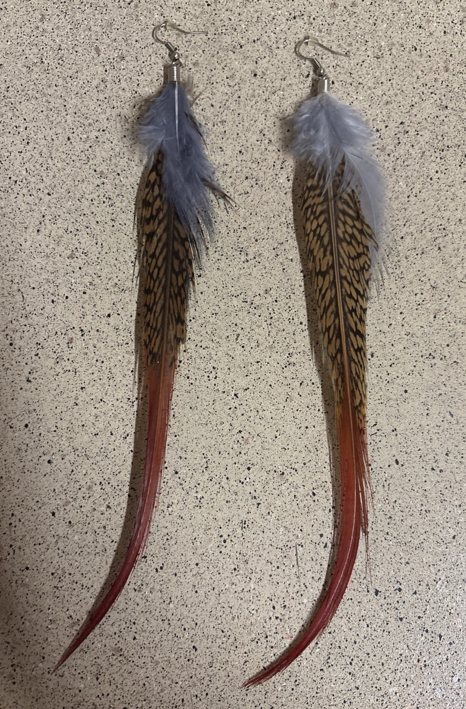 Boho Long Pheasant Feather Earrings Blue Accent Dangle Statement Jewelry Festiva