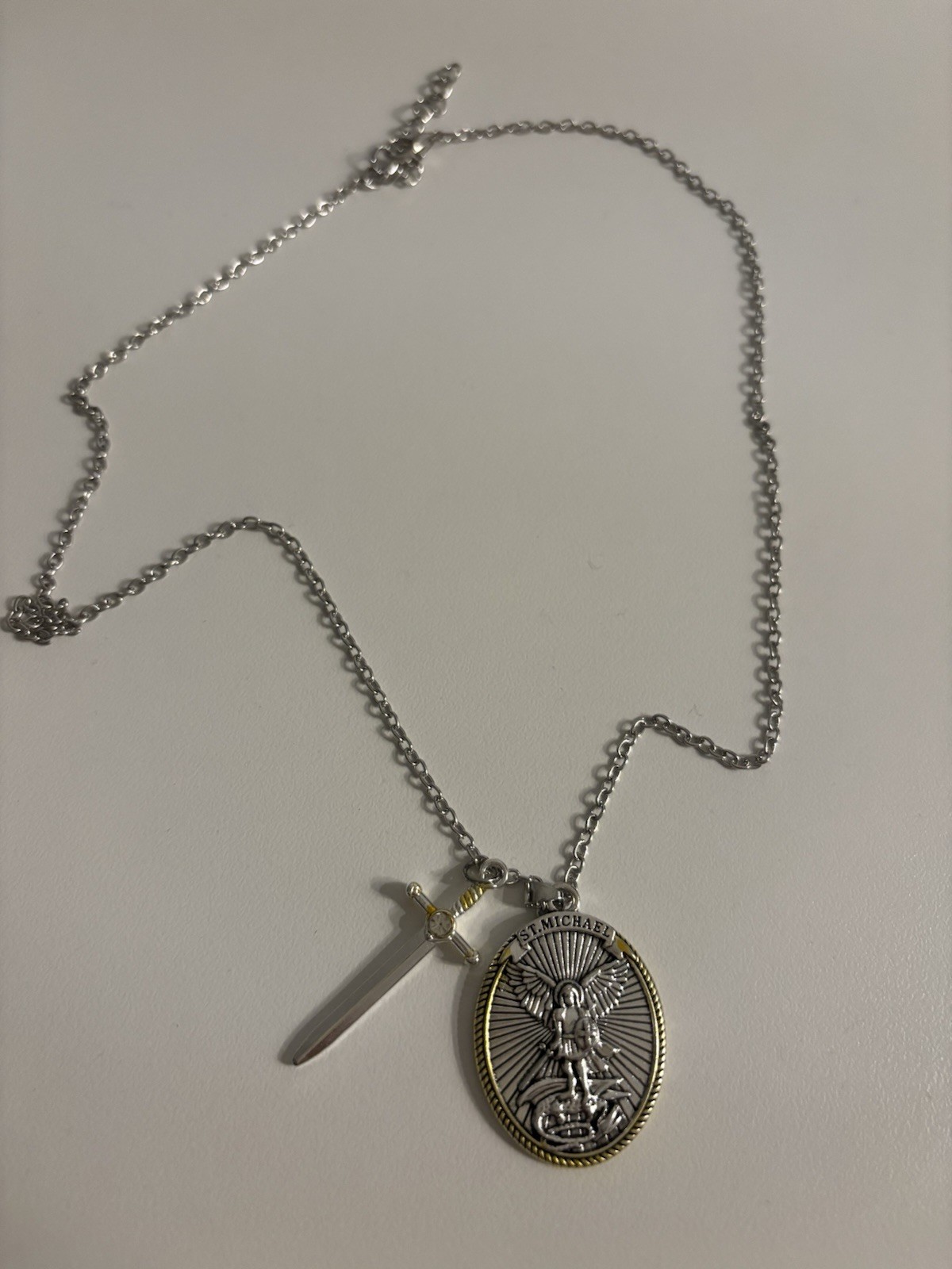 St Michael Archangel Pendant Necklace Stainless Steel Shield Lord’s Prayer 18″