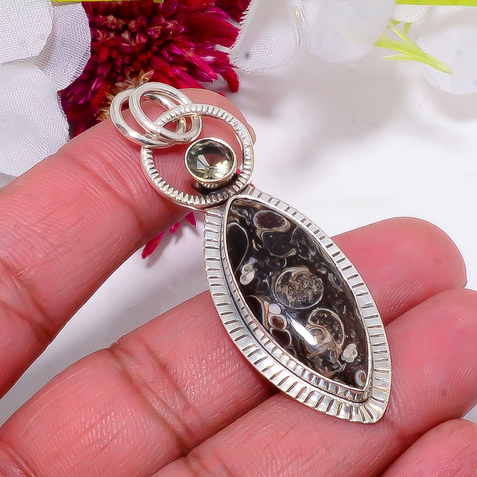 Turritella Agate – Wyoming 925 Sterling Silver Handmade Pendant 2.26″ sku52