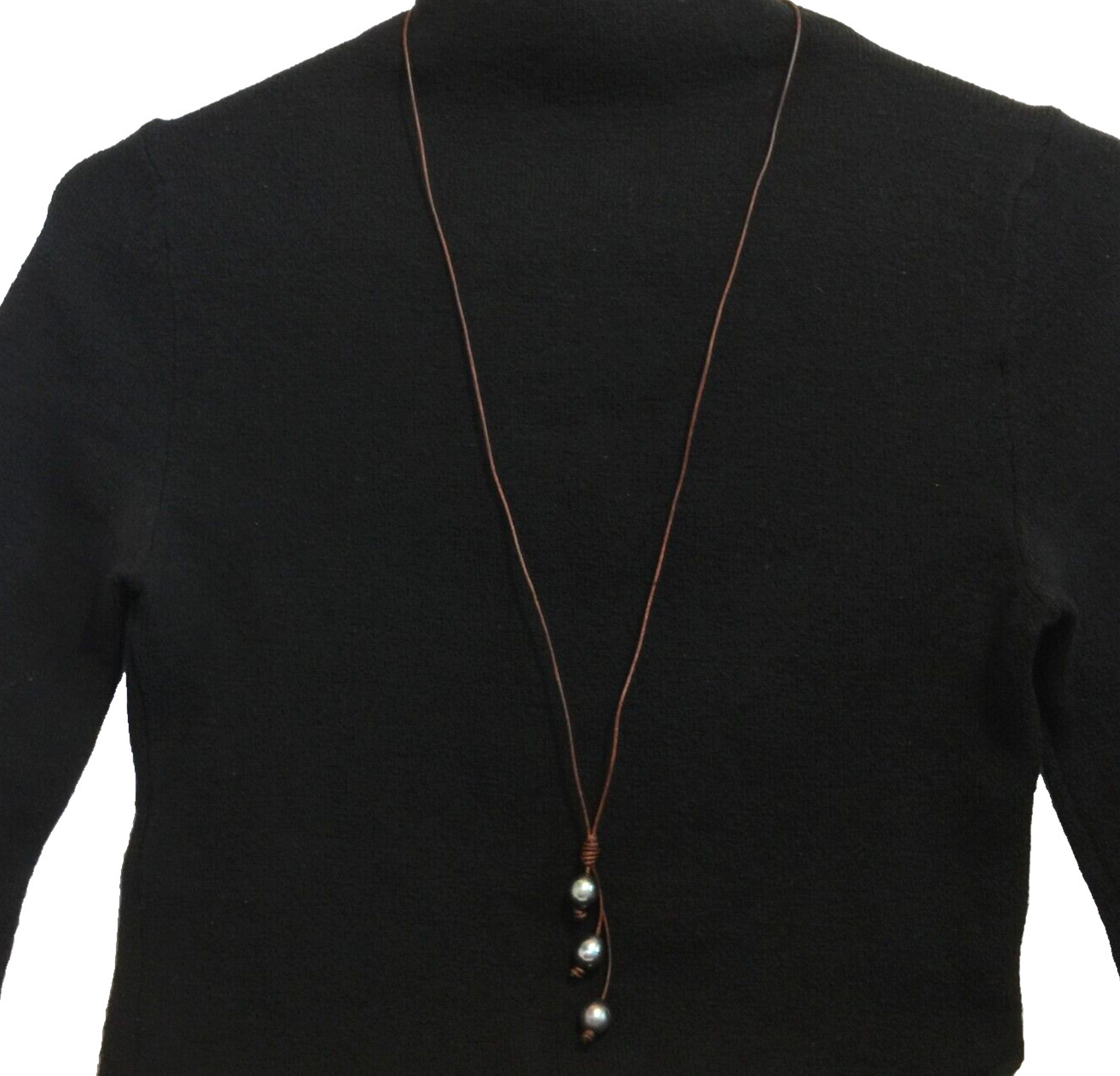 BLACK PEARL LEATHER LARIAT NECKLACE HANDMADE IN USA 10mm 35″