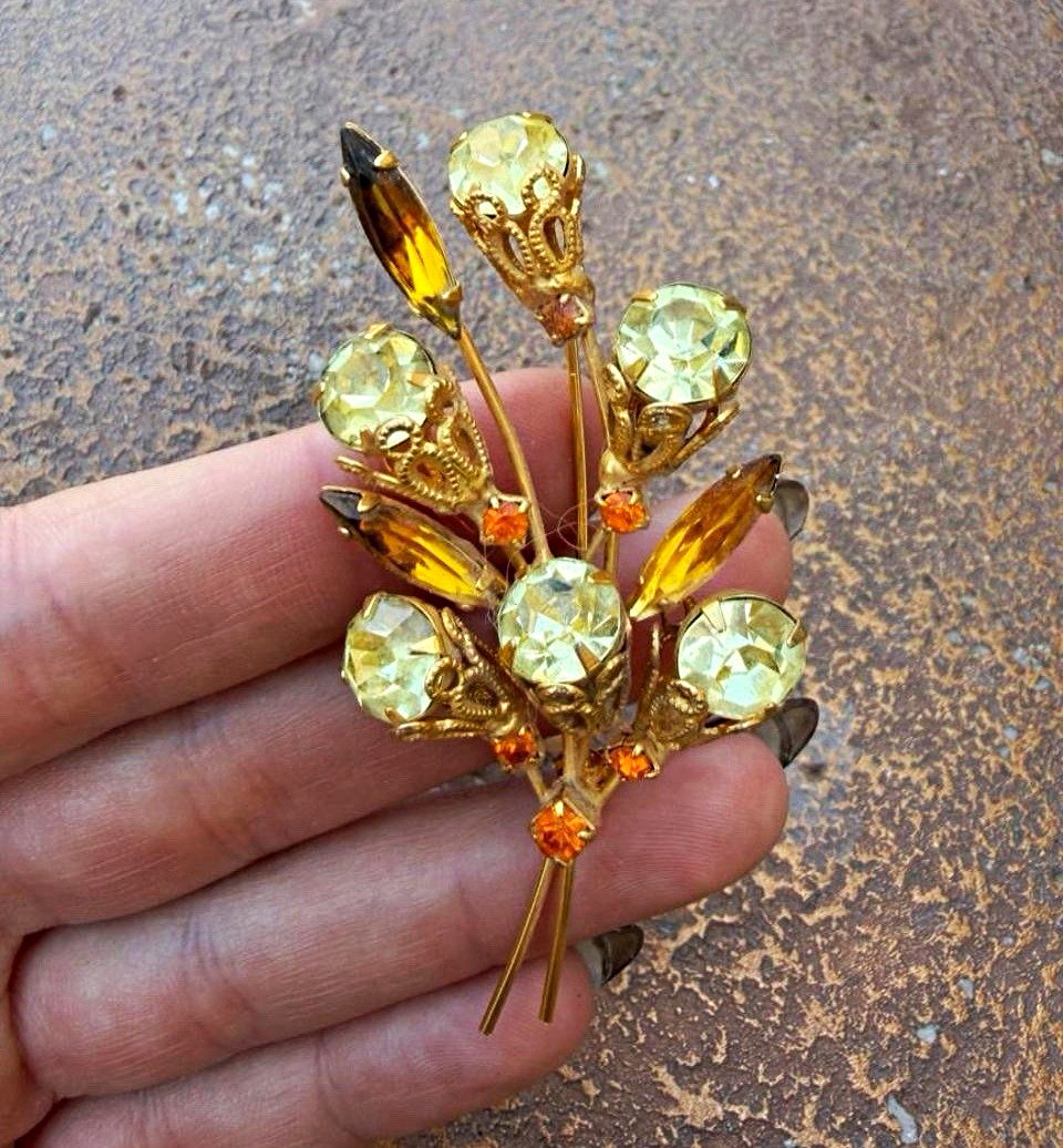 Gold Tone Floral Spray Brooch Pin Yellow Rhinestones & Amber Navette Stones
