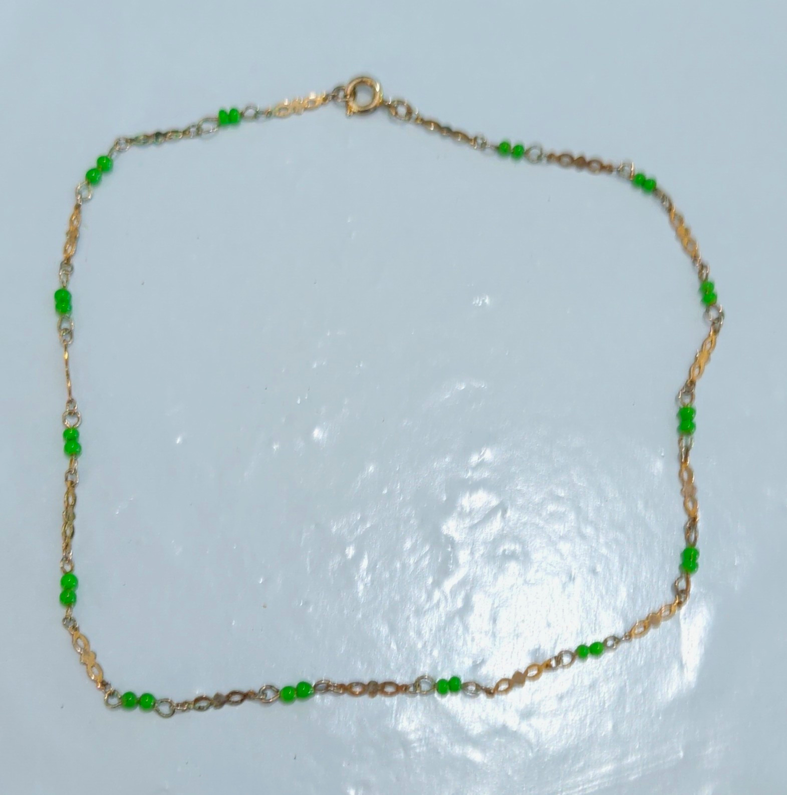 Gold Tone Cable Chain Necklace Green Rondelle Beads Spring Ring Clasp
