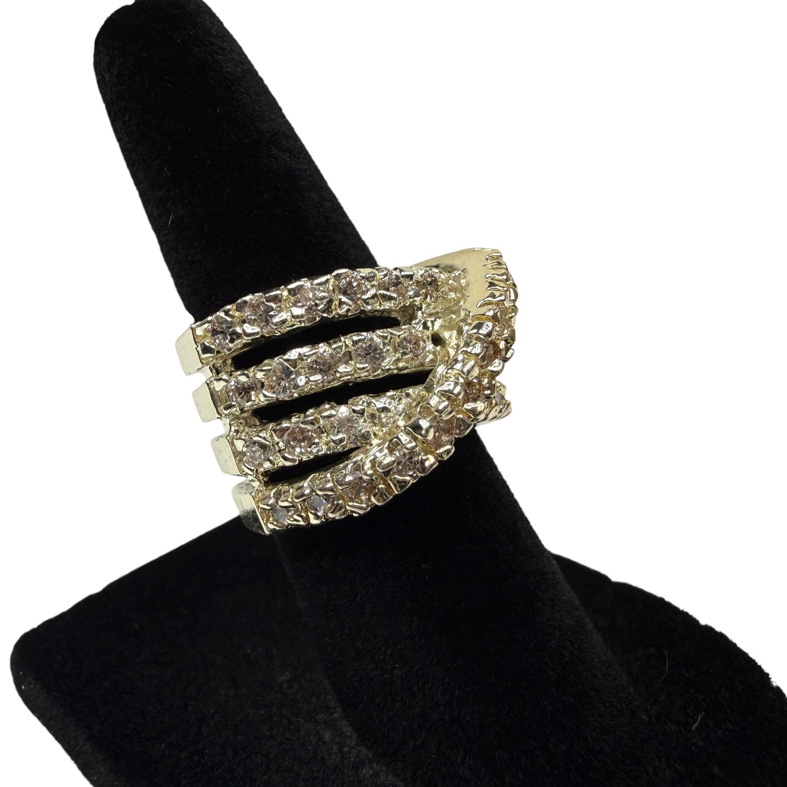 Sparkling Crisscross Band Statement Ring Gold Tone Clear Rhinestone Jewelry Sz 5