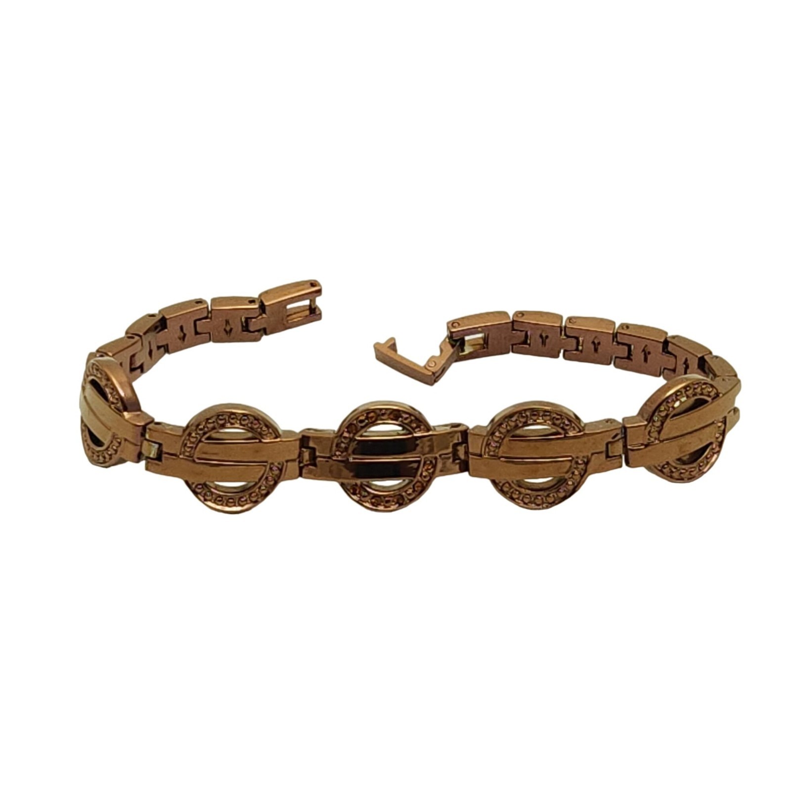Copper Tone Link Bracelet with Brown Rhinestones Geometric Shapes
