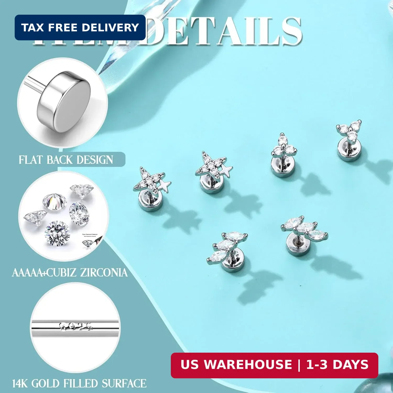 Dochais Flat Back Stud Earrings for Women and Men, Hypoallergenic 14k Gold FAST