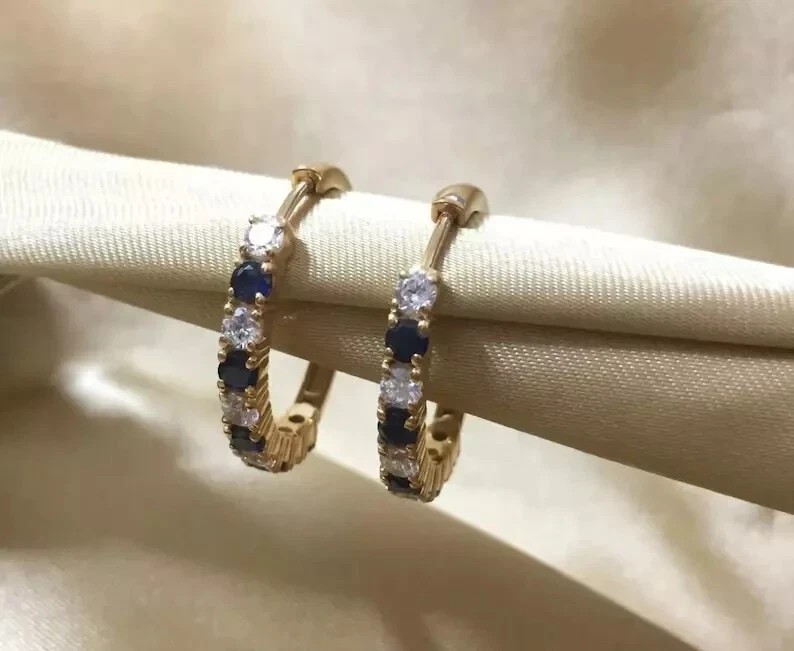 Round Cut Simulated Blue Sapphire Hoop Clip On Earring In 14K Yellow Gold Plated