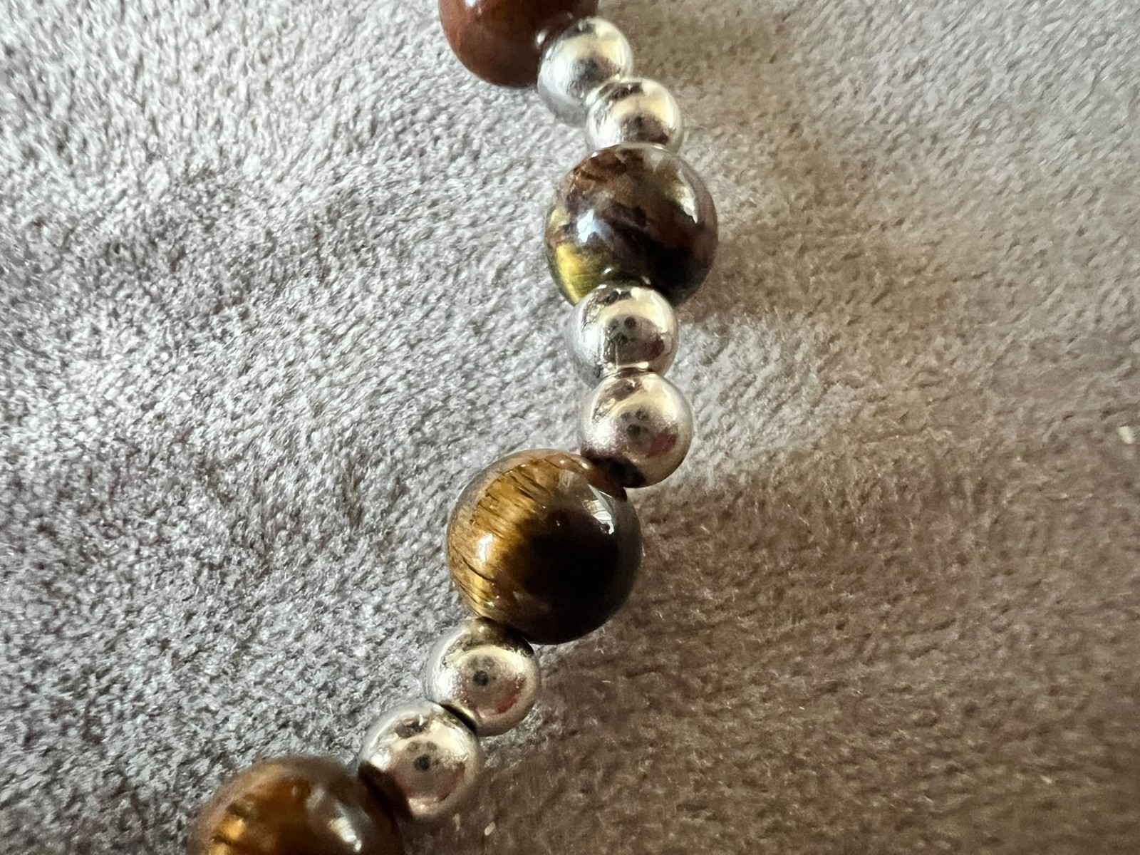 handmade elastic unique tiger eye stone beads & silver accents bracelet