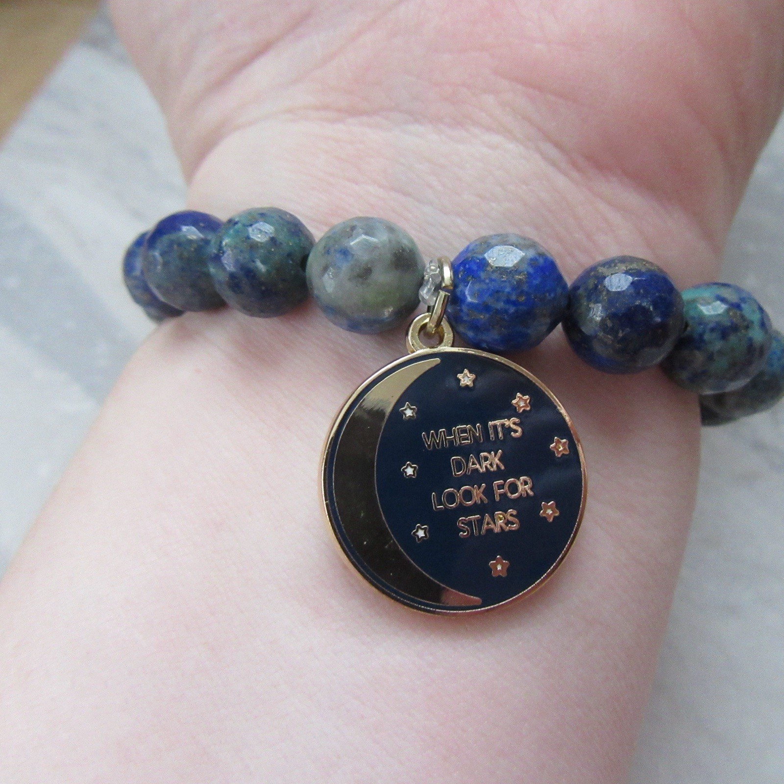 Ceramic Star Ball Stretch Bracelet with Lapis Beads & Moon Quote Charm