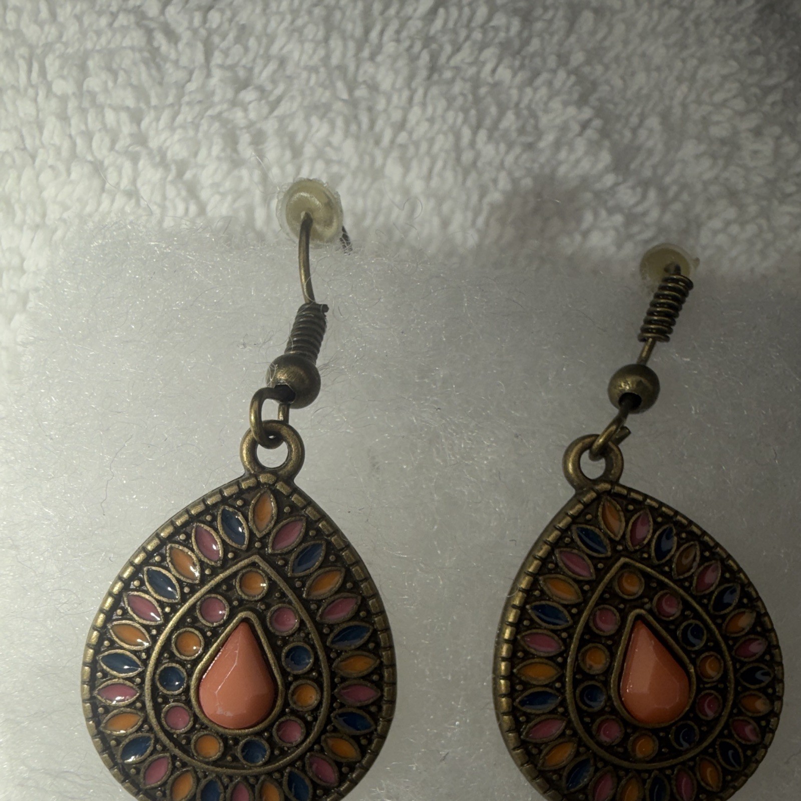 Multicolor Enamel Teardrop Dangle/Drop Hook Earrings Bezel Set No Stone