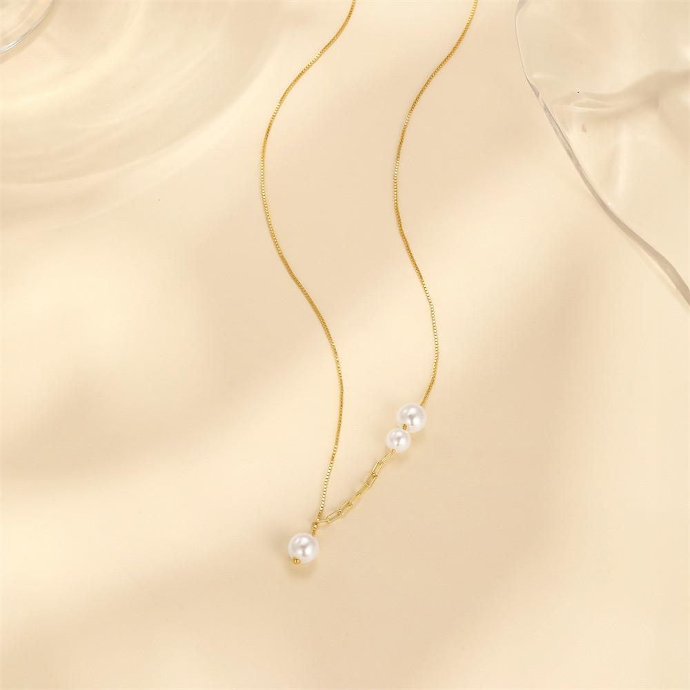 Gold Plated 925 Sterling Silver Faux Pearl Y Lariat Necklace for Women