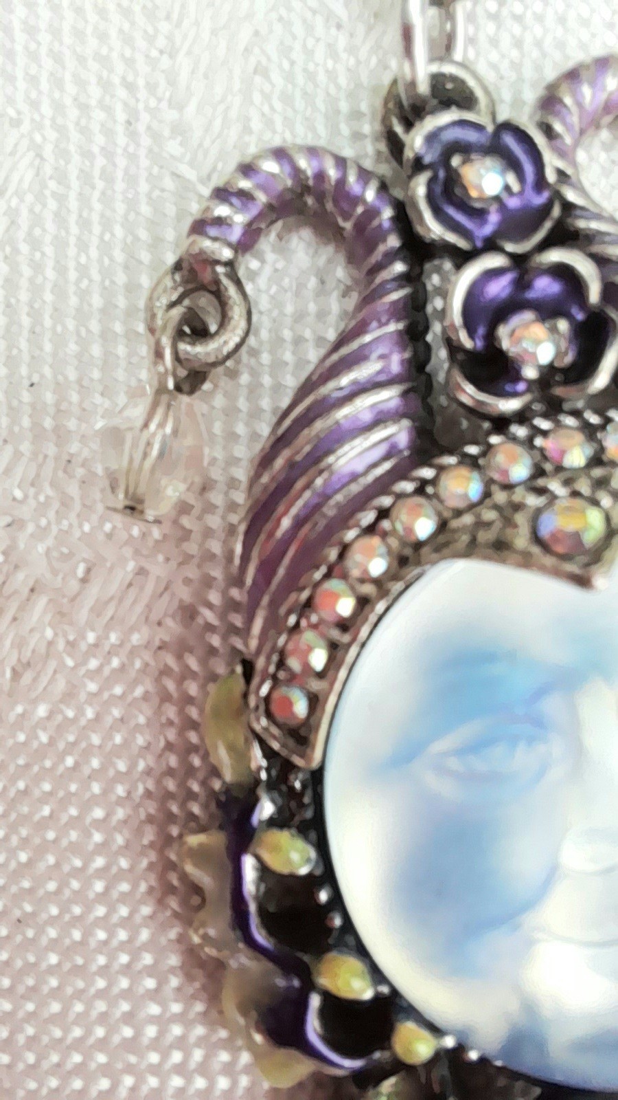 Kirks Folly Sea view Moon Face pendant necklace enamelled with ab stones signed