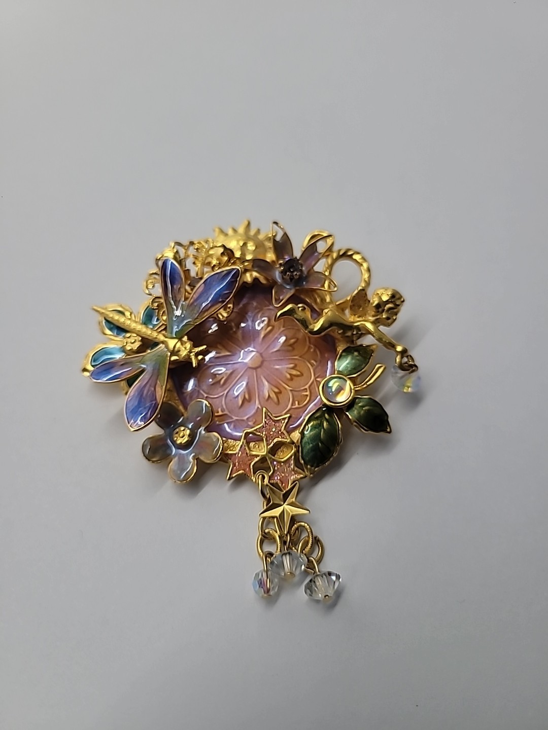 Vintage Kirks Folly Fairy Dragonfly Garden Brooch Iridescent Medallion Retired