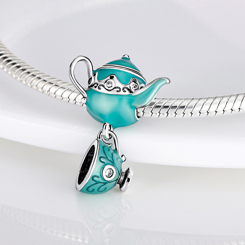 MULA European Silver Plated Charm AAA CZ Green Enamel Teapot For Women Bracelet