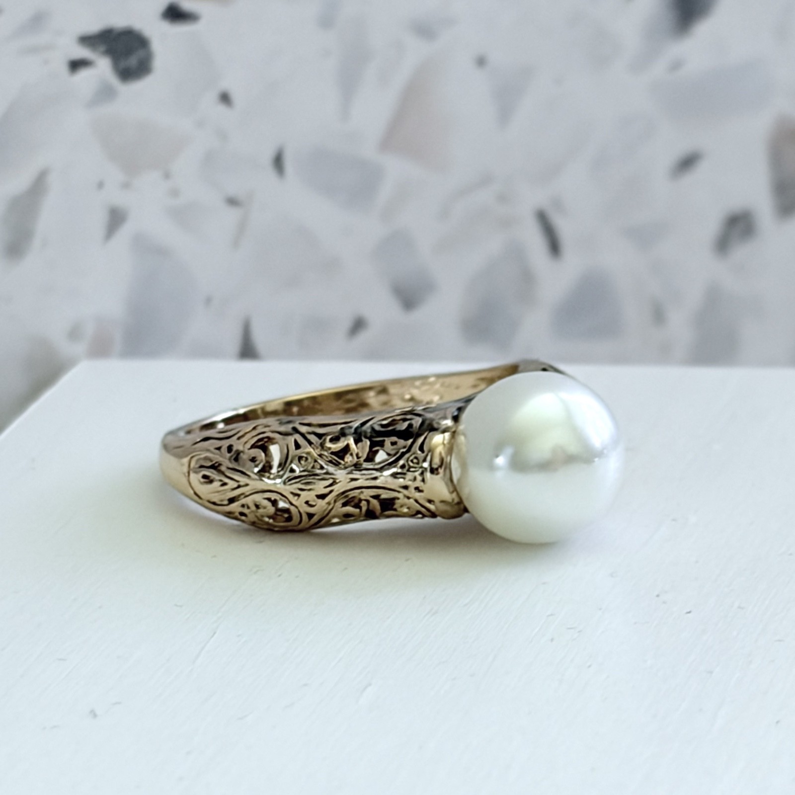 Freshwater Pearl 14k Yellow Gold & 925 Sterling Victorian Women’s Ring