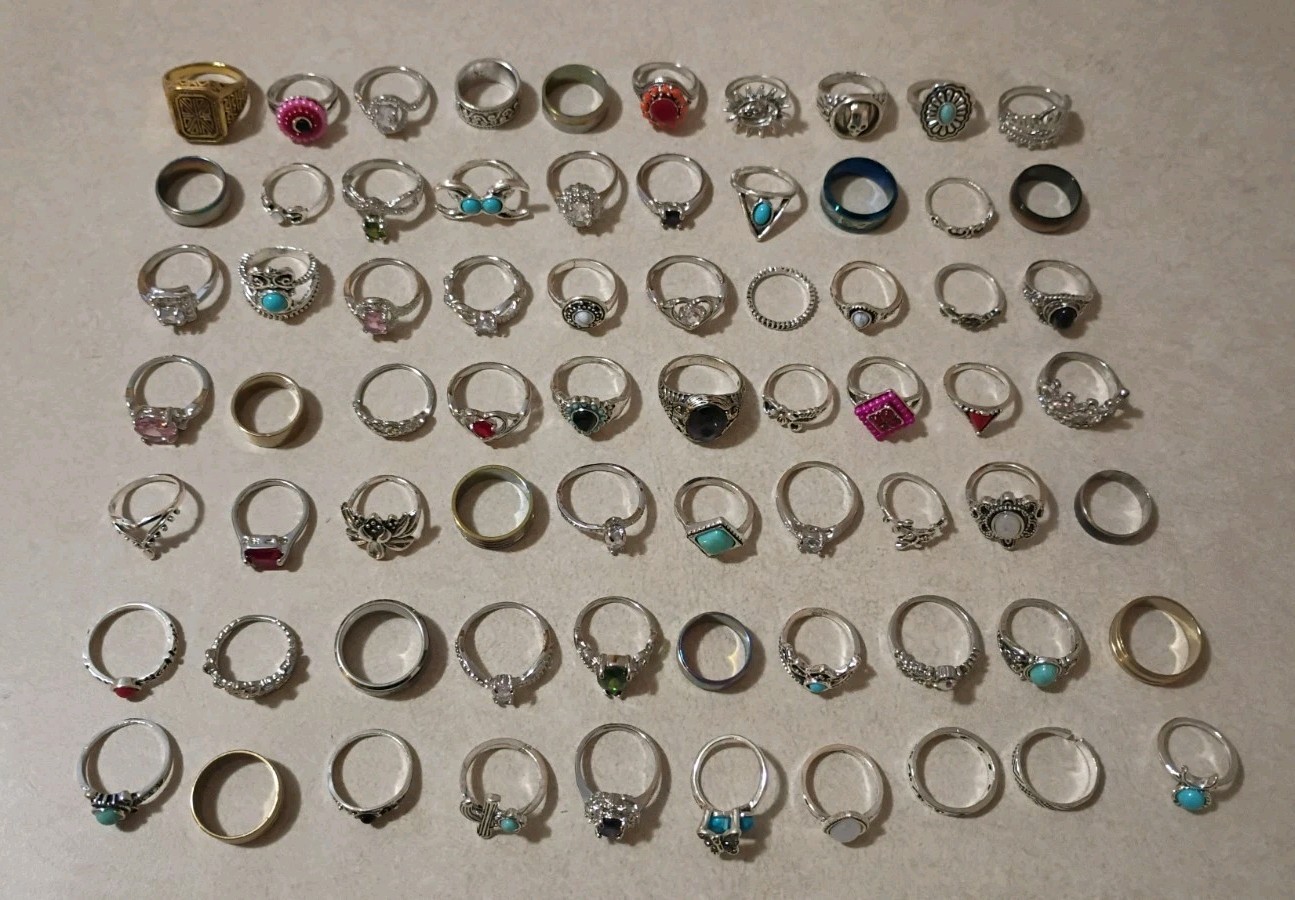 COSTUME JEWELRY RINGS Lot Of 70 Various Sizes, Stones, Gems, Etc…B