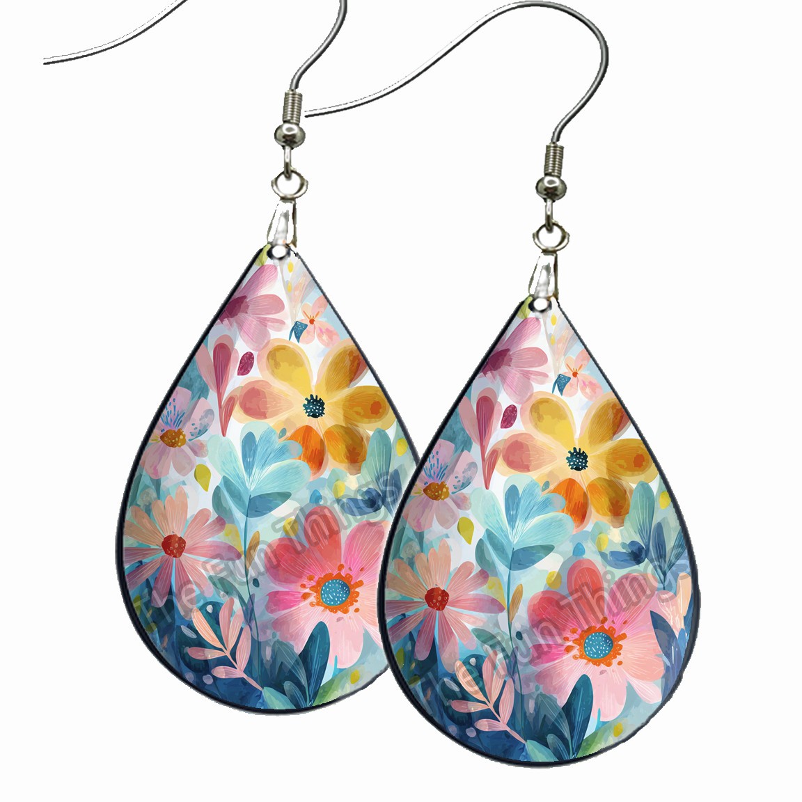 Spring Flowers Earrings Teardrop Dangle Wood Floral Print Impressionism Jewelry