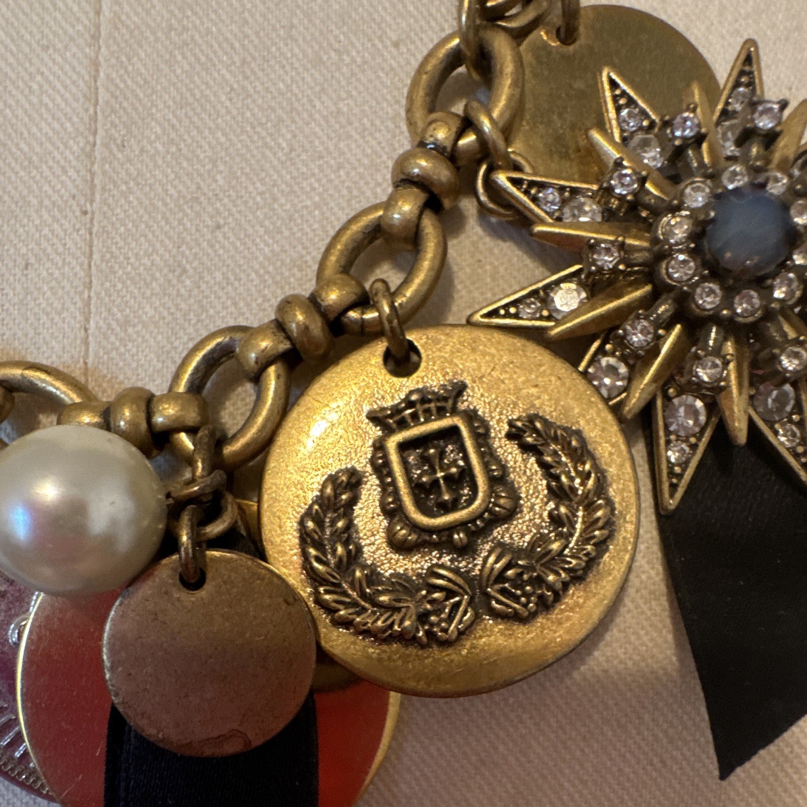 2000’s J.Crew Cable Chain Coin Charm Necklace Crystal Starburst Ribbon