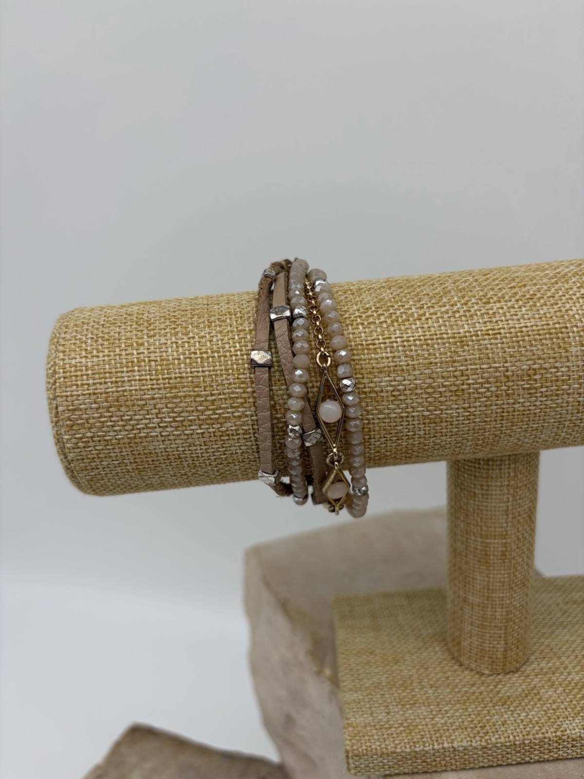 Beaded Wrap Bracelet Brown Cord Silver Tone Metal Accents Stackable